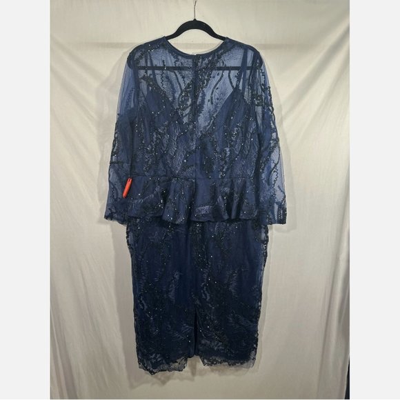 NWT $498 Mac Duggal [ PLUS 18W ] Embellished Peplum‎ Midi Sheath Dress Blue - Picture 11 of 15